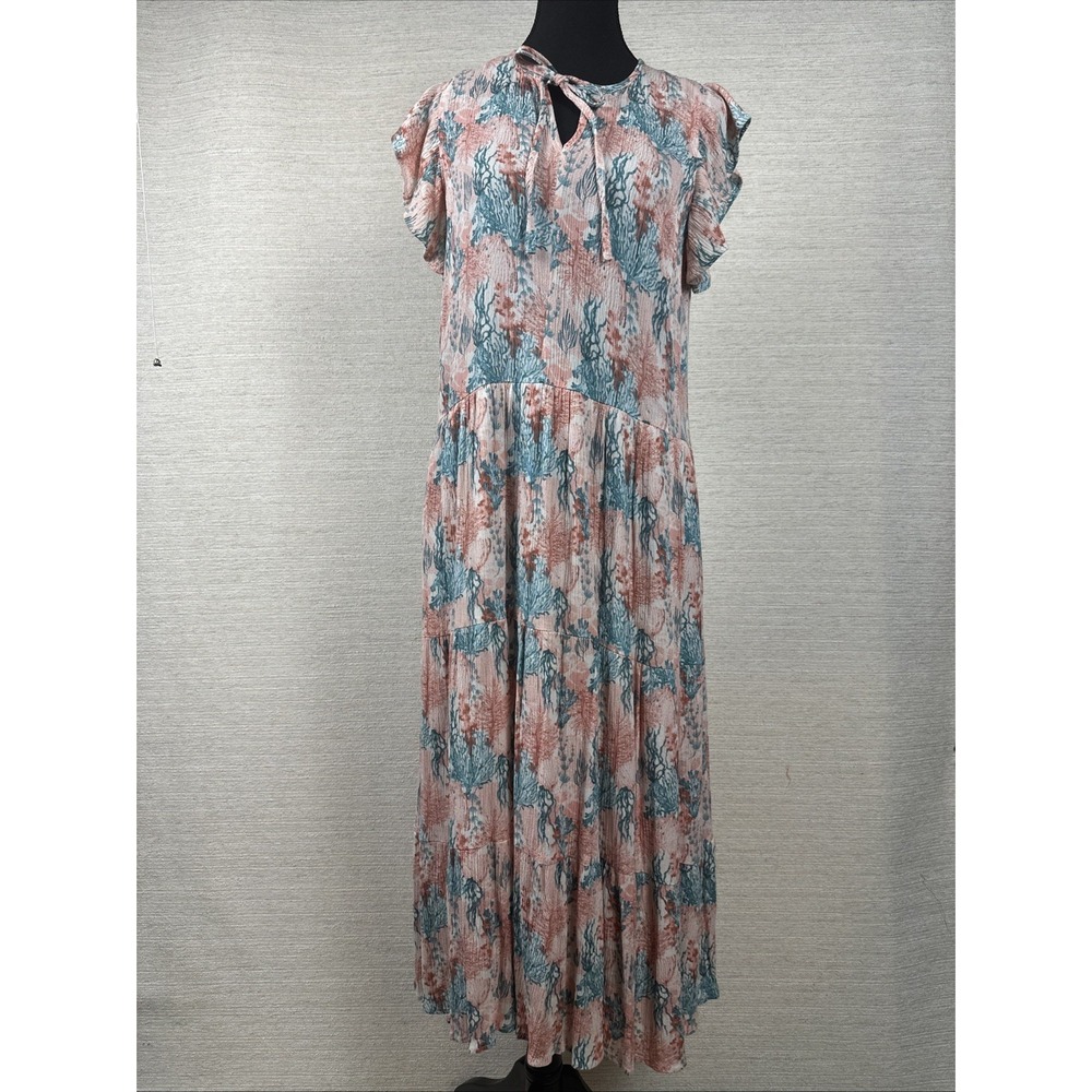 Stitch By Chenault Coral Print Midi Dress NWT Medium Boho Beach Resort Vacation - Picture 1 of 15